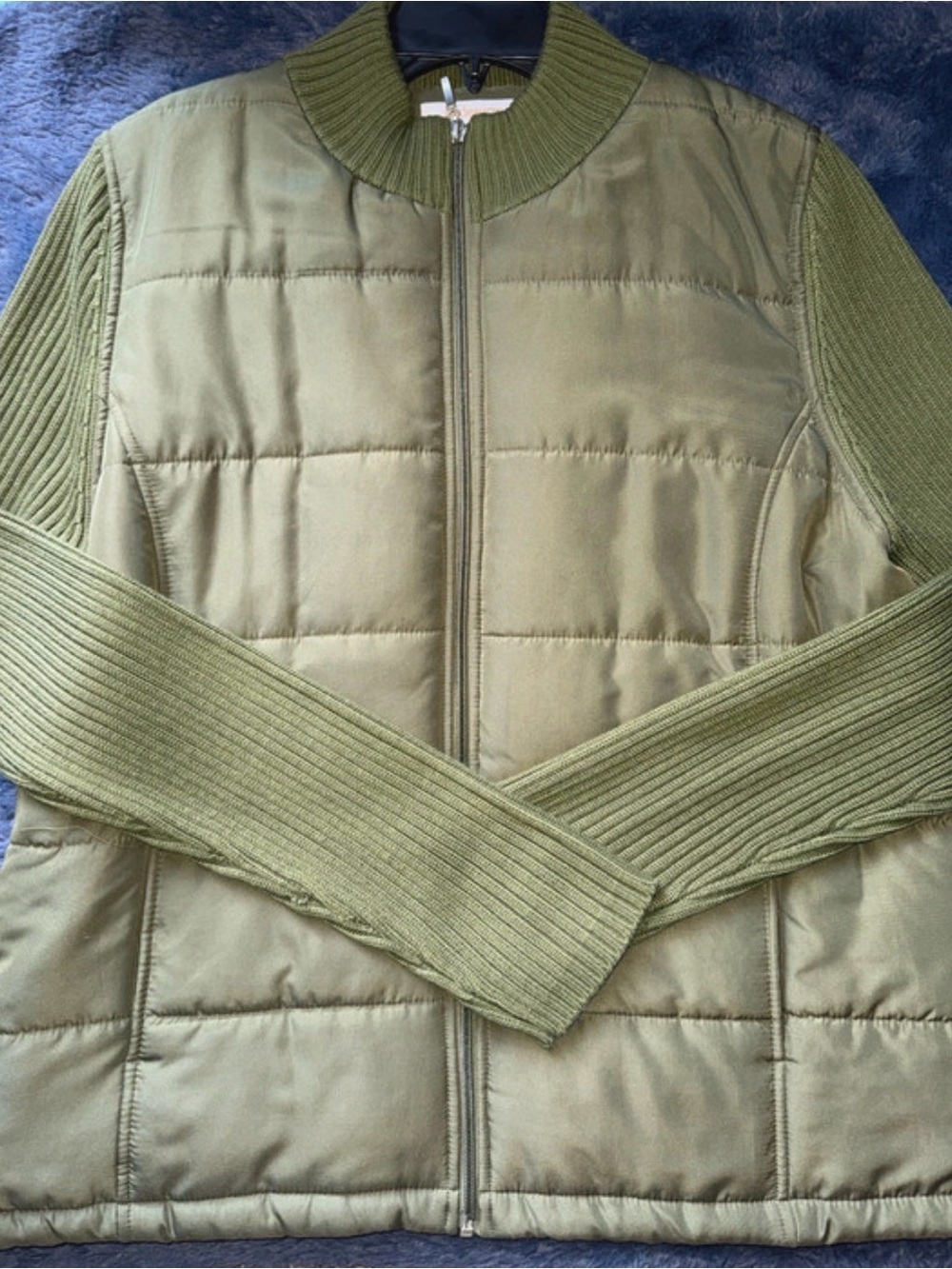 Olive Green Quilted Puffer Jacket with Ribbed Sleeves